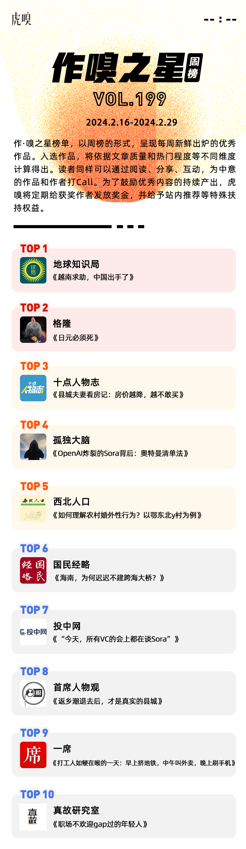 百家樂:虎嗅【作·嗅之星】周榜第199期